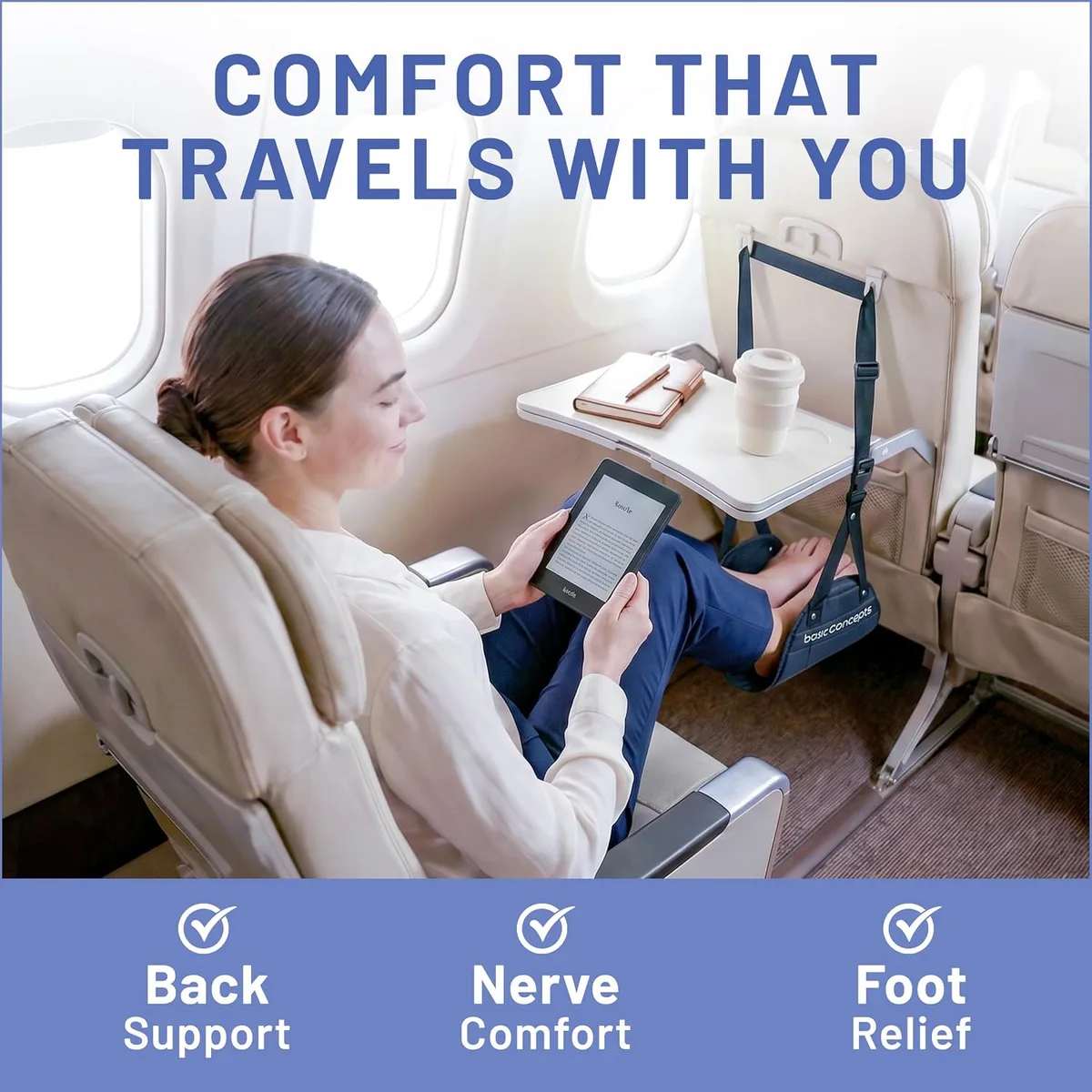 woman relaxing with an airplane foot hammock