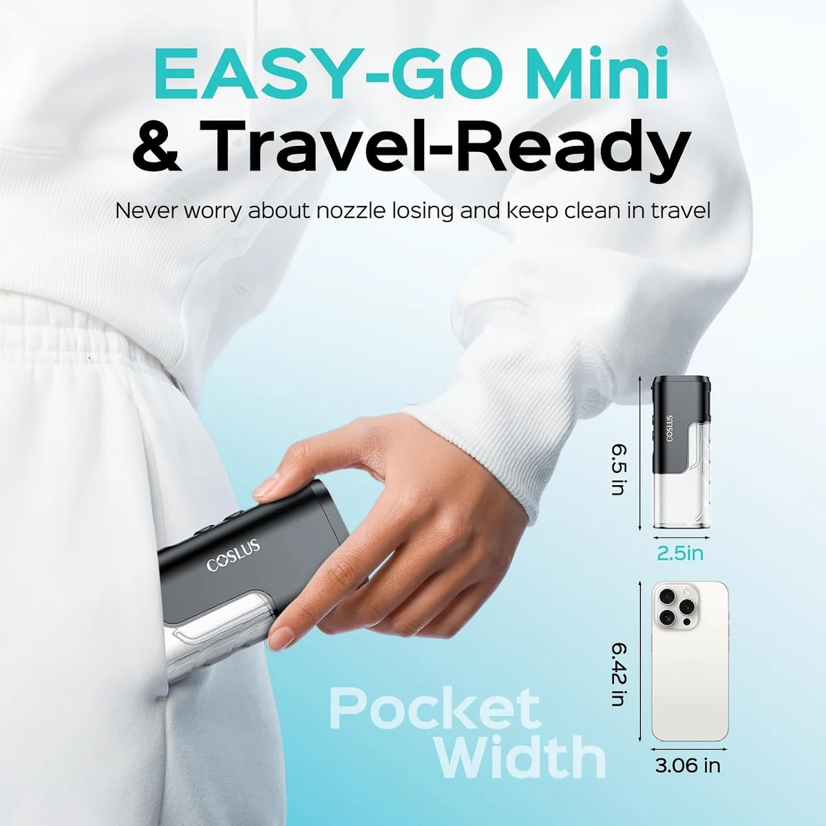 mini travel water flosser in the hand