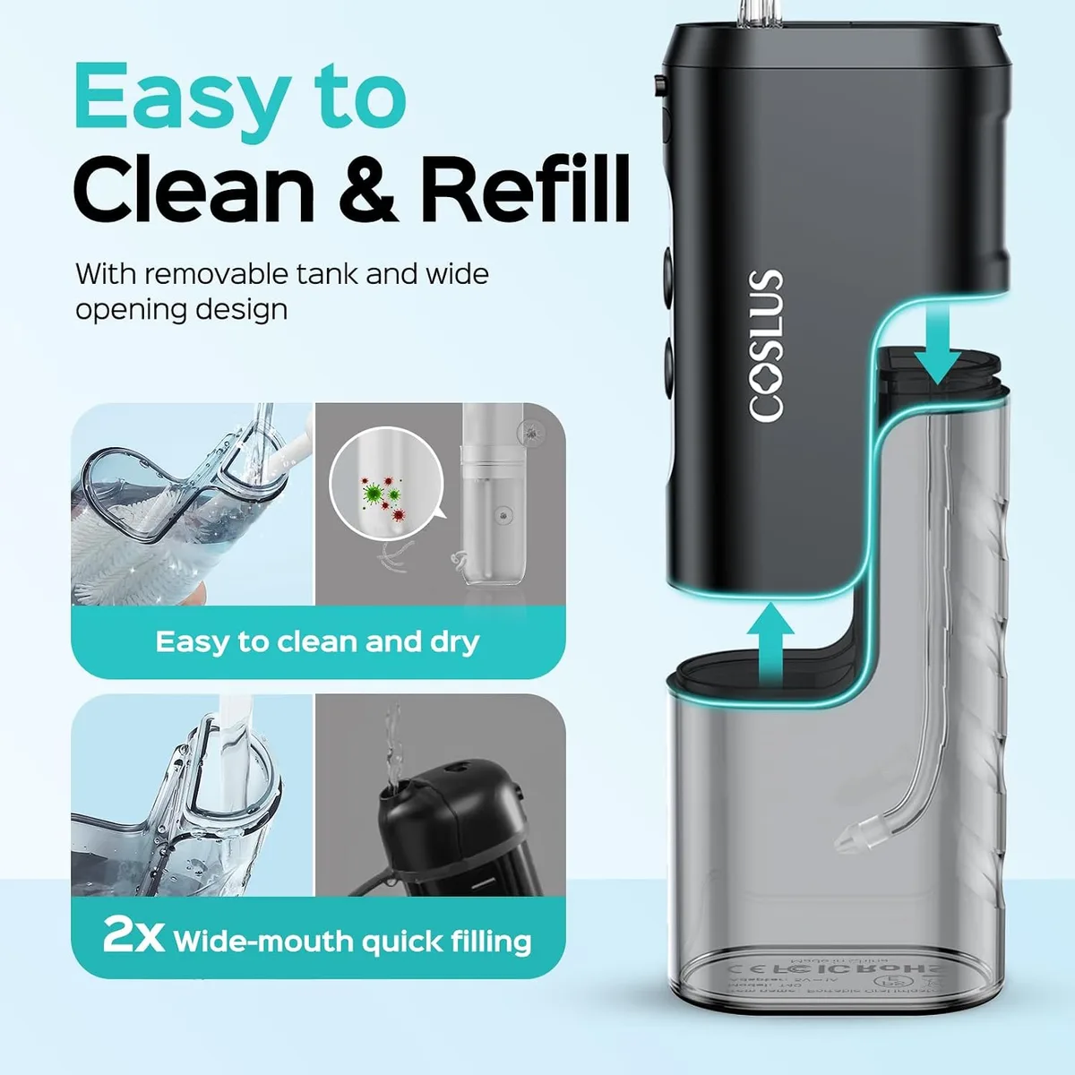 easy to clean tank of the mini water flosser