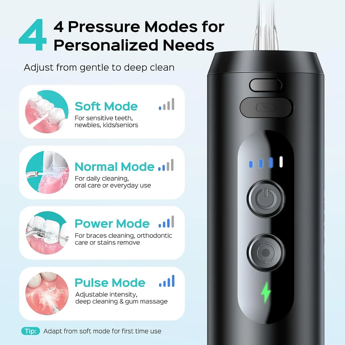 4 pressure modes of the mini travel water flosser