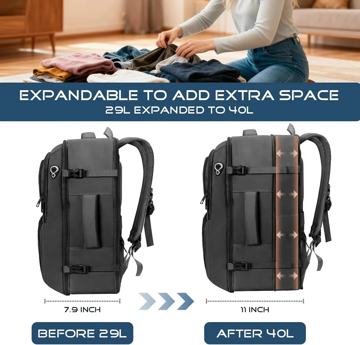 expandable carry-on travel backpack before and after expanding
